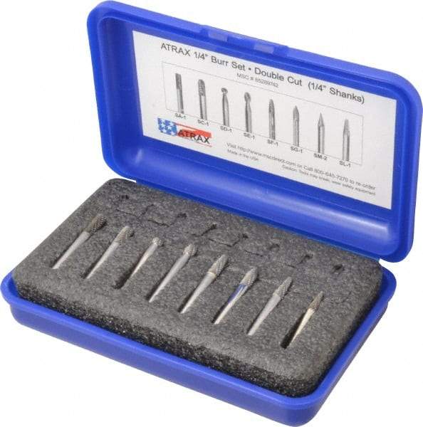 Atrax - 8 Piece, 1/4" Shank Burr Set - Tungsten Carbide, Multiple Head Shape - Caliber Tooling