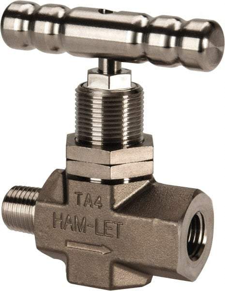 Ham-Let - 5,000 Max psi, 1/4" Pipe, 316 Grade Stainless Steel, Inline Soft Seat Instrumentation Needle Valve - MNPT x FNPT End Connections, Swaglok SS-1KM4-F4-SH - Caliber Tooling