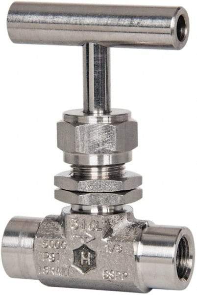 Ham-Let - 5,000 Max psi, 1/4" Pipe, 316 Grade Stainless Steel, Inline Instrumentation Needle Valve - FNPT x FNPT End Connections, Swaglok SS-1RF4-SH - Caliber Tooling