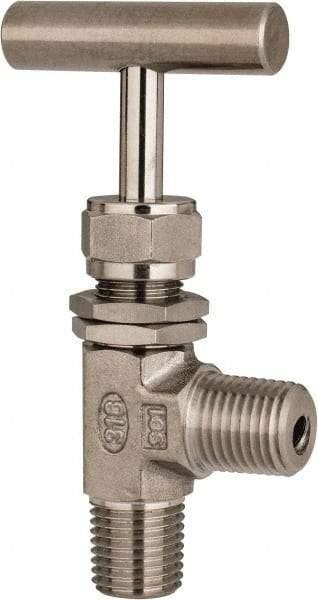 Ham-Let - 5,000 Max psi, 1/4" Pipe, 316 Grade Stainless Steel, Angled Instrumentation Needle Valve - MNPT x MNPT End Connections, Swaglok SS-1RM4-A - Caliber Tooling