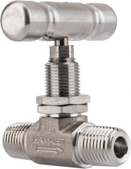 Ham-Let - 5,000 Max psi, 1/4" Pipe, 316 Grade Stainless Steel, Inline Stem Vee Instrumentation Needle Valve - MNPT x MNPT End Connections, Swaglok SS-1VM4-SH - Caliber Tooling