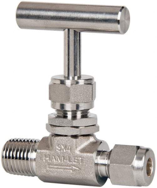 Ham-Let - 5,000 Max psi, 1/8" Pipe, 316 Grade Stainless Steel, Inline Stem Regulating Instrumentation Needle Valve - MNPT x Compression End Connections, Swaglok SS-ORM2-S2 - Caliber Tooling