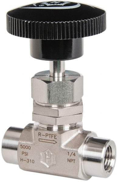 Ham-Let - 5,000 Max psi, 1/4" Pipe, 316 Grade Stainless Steel, Inline Stem Regulating Instrumentation Needle Valve - FNPT x FNPT End Connections, Swaglok SS-1RF4 - Caliber Tooling