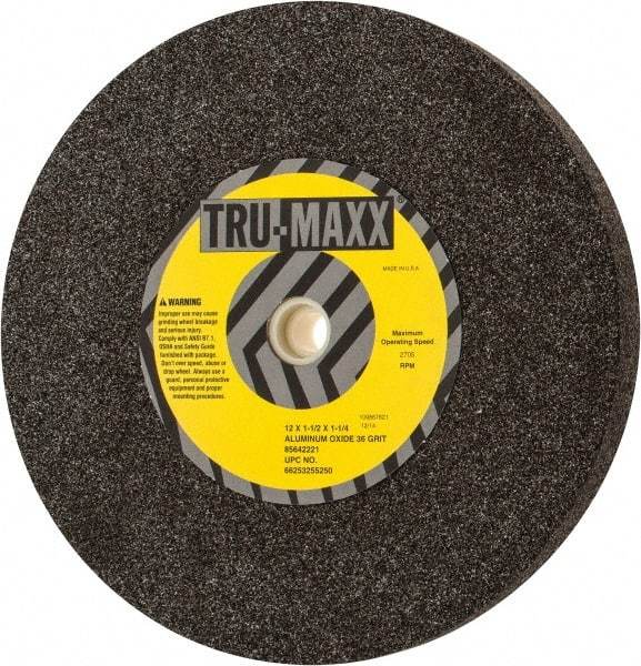 Tru-Maxx - 36 Grit Aluminum Oxide Bench & Pedestal Grinding Wheel - 12" Diam x 1-1/4" Hole x 1-1/2" Thick, 2705 Max RPM, P Hardness, Very Coarse Grade , Vitrified Bond - Caliber Tooling