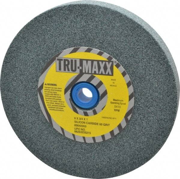 Tru-Maxx - 60 Grit Silicon Carbide Bench & Pedestal Grinding Wheel - 6" Diam x 1" Hole x 3/4" Thick, 5410 Max RPM, K Hardness, Medium Grade , Vitrified Bond - Caliber Tooling