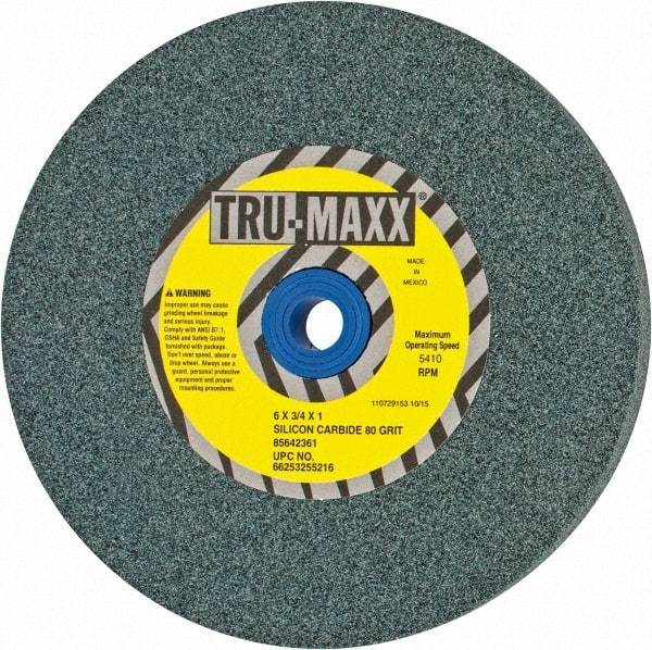 Tru-Maxx - 80 Grit Silicon Carbide Bench & Pedestal Grinding Wheel - 6" Diam x 1" Hole x 3/4" Thick, 5410 Max RPM, K Hardness, Medium Grade , Vitrified Bond - Caliber Tooling