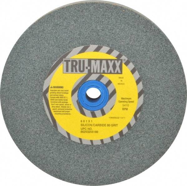 Tru-Maxx - 80 Grit Silicon Carbide Bench & Pedestal Grinding Wheel - 6" Diam x 1" Hole x 1" Thick, 5410 Max RPM, K Hardness, Medium Grade , Vitrified Bond - Caliber Tooling