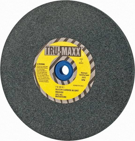 Tru-Maxx - 80 Grit Silicon Carbide Bench & Pedestal Grinding Wheel - 7" Diam x 1" Hole x 1/2" Thick, 3600 Max RPM, K Hardness, Medium Grade , Vitrified Bond - Caliber Tooling