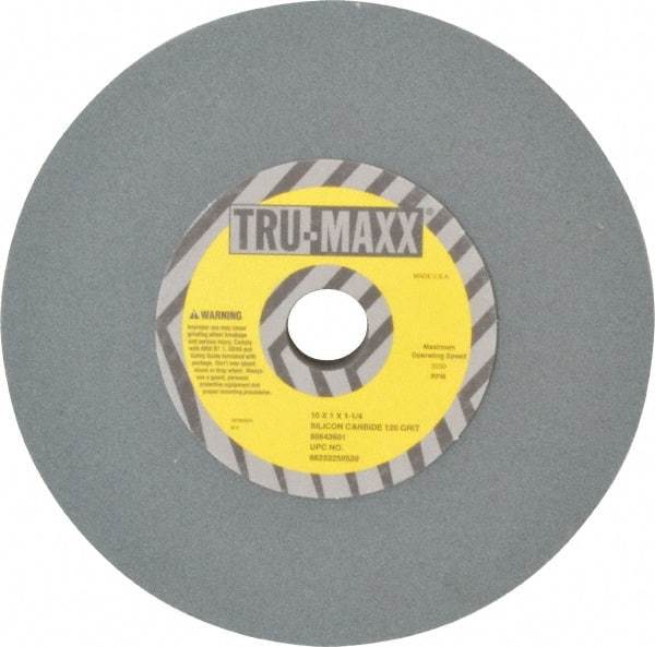 Tru-Maxx - 120 Grit Silicon Carbide Bench & Pedestal Grinding Wheel - 10" Diam x 1-1/4" Hole x 1" Thick, 3250 Max RPM, K Hardness, Fine Grade , Vitrified Bond - Caliber Tooling