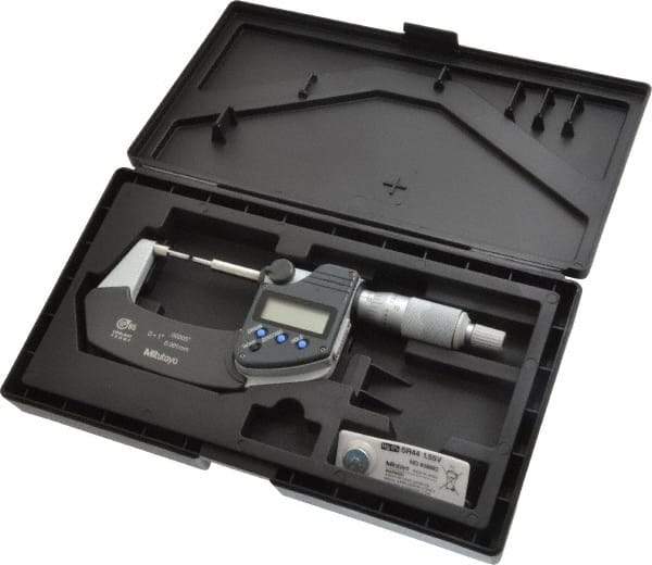 Mitutoyo - 1 Inch, 1.2598 Inch Throat Depth, Electronic Spline Micrometer - Accurate Up to 0.0001 Inch, 1/4 Inch Spindle Diameter, 0.18mm Head Diameter, Ratchet Stop Thimble, Data Output - Caliber Tooling