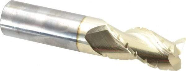 Accupro - 1" Diam, 2" LOC, 3 Flute Solid Carbide Roughing & Finishing Square End Mill - ZrN Finish, 5" OAL, 1" Shank Diam, Straight Shank, 37° Helix, Centercutting - Caliber Tooling