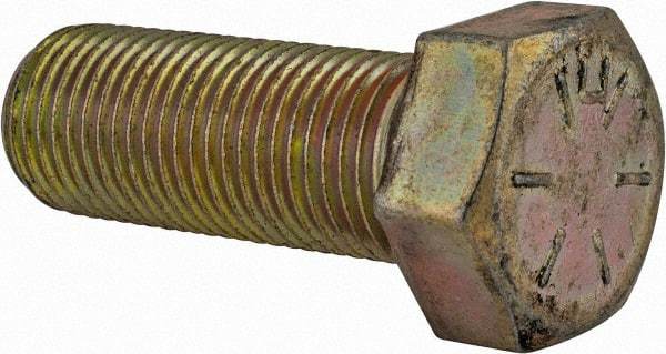 Made in USA - 9/16-18 UNF, 1-1/2" Length Under Head Hex Head Cap Screw - Fully Threaded, Grade 8 Alloy Steel, Zinc Yellow Dichromate Finish, 13/16" Hex - Caliber Tooling