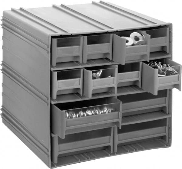 Quantum Storage - 14 Bin Interlocking Storage Cabinets - 11-3/4 Inch Overall Width x 11-3/8 Inch Overall Depth x 11 Inch Overall Height, Gray High Impact Polystyrene Bins - Caliber Tooling