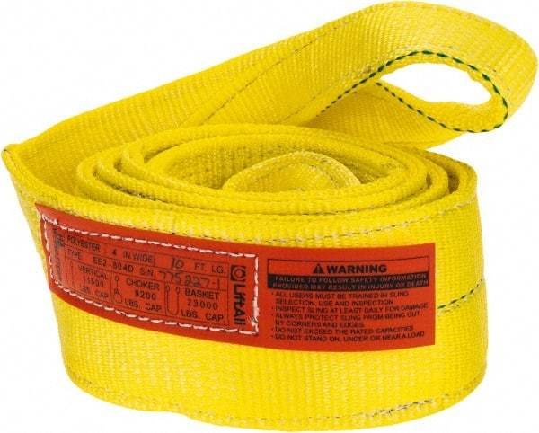 Lift-All - 10' Long x 4" Wide, 11,500 Lb Vertical Capacity, 2 Ply, Polyester Web Sling - 9,200 Lb Choker Capacity, Yellow - Caliber Tooling