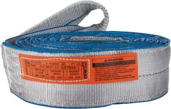 Lift-All - 20' Long x 4" Wide, 11,500 Lb Vertical Capacity, 2 Ply, Polyester Web Sling - 9,200 Lb Choker Capacity, Silver (Color) - Caliber Tooling