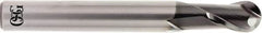 OSG - 1/4" Diam, 3/8" LOC, 2 Flute Solid Carbide Ball End Mill - TiAlN Finish, Single End, 2" OAL, 1/4" Shank Diam, Spiral Flute - Caliber Tooling