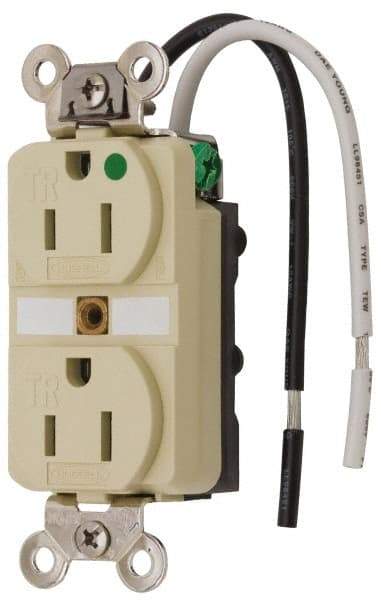 Hubbell Wiring Device-Kellems - 125 VAC, 15 Amp, 5-15R NEMA Configuration, Ivory, Hospital Grade, Self Grounding Duplex Receptacle - 1 Phase, 2 Poles, 3 Wire, Flush Mount, Chemical, Corrosion and Impact Resistant, Tamper Resistant - Caliber Tooling