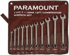 Paramount - 11 Piece, 7mm to 19mm, 12 Point Combination Wrench Set - Metric Measurement Standard, Full Polish Chrome Finish, Comes in Canvas Roll - Caliber Tooling