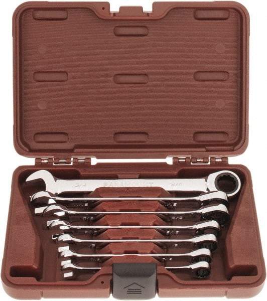 Paramount - 7 Piece, 3/8" to 3/4", Ratcheting Combination Wrench Set - Inch Measurement Standard, Full Polish Chrome Finish, Comes in Blow Molded Case - Caliber Tooling