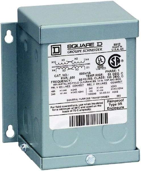 Square D - 1 Phase, 240 x 480 Volt Input, 120/240 Volt Output, 1.5 kVA, General Purpose Transformer - 3R NEMA Rating, 239°F Temp Rise, Indoor, Outdoor - Caliber Tooling