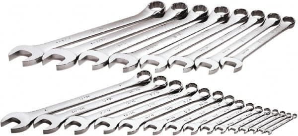 SK - 23 Piece, 1/4" to 1-1/2", 12 Point Combination Wrench Set - Inch Measurement Standard, Chrome Finish, Comes in Rack - Caliber Tooling