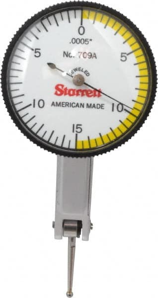 Starrett - 0.03 Inch Range, 0.0005 Inch Dial Graduation, Horizontal Dial Test Indicator - 1-3/8 Inch White Dial, 0-15-0 Dial Reading - Caliber Tooling