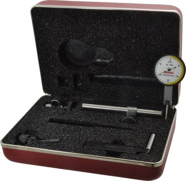 Starrett - 7 Piece, 0" to 0.03" Measuring Range, 1-3/8" Dial Diam, 0-15-0 Dial Reading, White Dial Test Indicator Kit - 13/16" Contact Point Length, 2mm Ball Diam, 0.0005" Dial Graduation - Caliber Tooling