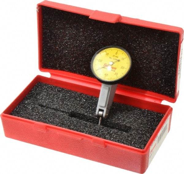 Starrett - 0.8 mm Range, 0.01 mm Dial Graduation, Horizontal Dial Test Indicator - 1-3/8 Inch Yellow Dial, 0-40-0 Dial Reading - Caliber Tooling