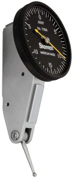 Starrett - 0.03 Inch Range, 0.0005 Inch Dial Graduation, Horizontal Dial Test Indicator - 1-3/8 Inch Black Dial, 0-15-0 Dial Reading - Caliber Tooling