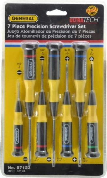 General - 7 Piece Phillips, Slotted & Torx Screwdriver Set - Bit Sizes: Philips #00 to #1, Torx T6 - Caliber Tooling