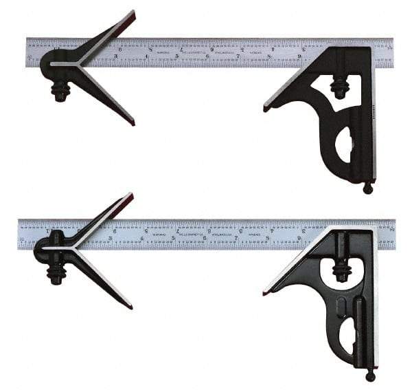 Starrett - 3 Piece, 24" Combination Square Set - 1/100, 1/32, 1/50 & 1/64" (16R) Graduation, Steel Blade, Cast Iron Center & Square Head - Caliber Tooling