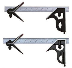 Starrett - 3 Piece, 18" Combination Square Set - 1/100, 1/32, 1/50 & 1/64" (16R) Graduation, Steel Blade, Cast Iron Center & Square Head - Caliber Tooling