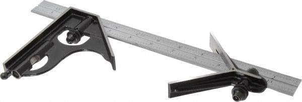 Starrett - 3 Piece, 12" Combination Square Set - 1/100, 1/32, 1/50 & 1/64" (16R) Graduation, Steel Blade, Forged Steel Center & Square Head - Caliber Tooling