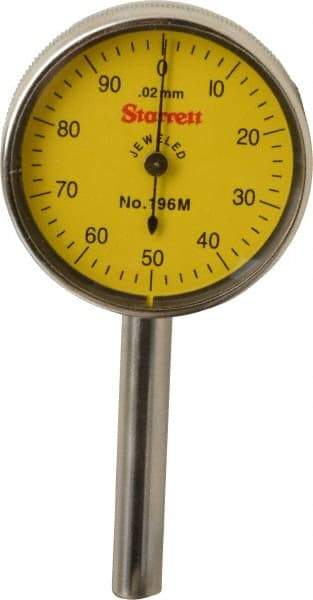 Starrett - 5 mm Range, 0.02 mm Dial Graduation, Horizontal Dial Test Indicator - 1-7/16 Inch Yellow Dial, 0-100 Dial Reading - Caliber Tooling