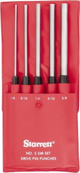 Starrett - 5 Piece, 1/8 to 3/8", Pin Punch Set - Round Shank, Comes in Vinyl Pouch - Caliber Tooling