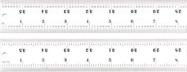 Starrett - 36" Long, 1/100, 1/64, 1/50, 1/32" Graduation, Rigid Spring Steel Rule - 16R Graduation Style, 1-1/2" Wide, Silver, Satin Chrome Finish - Caliber Tooling