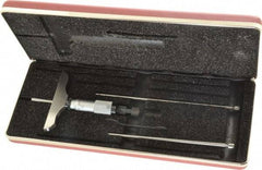 Starrett - 0 to 3" Range, 3 Rod, Satin Chrome Finish Mechanical Depth Micrometer - Ratchet Stop Thimble, 3" Base Length, 0.01mm Graduation, 5/32" Rod Diam - Caliber Tooling