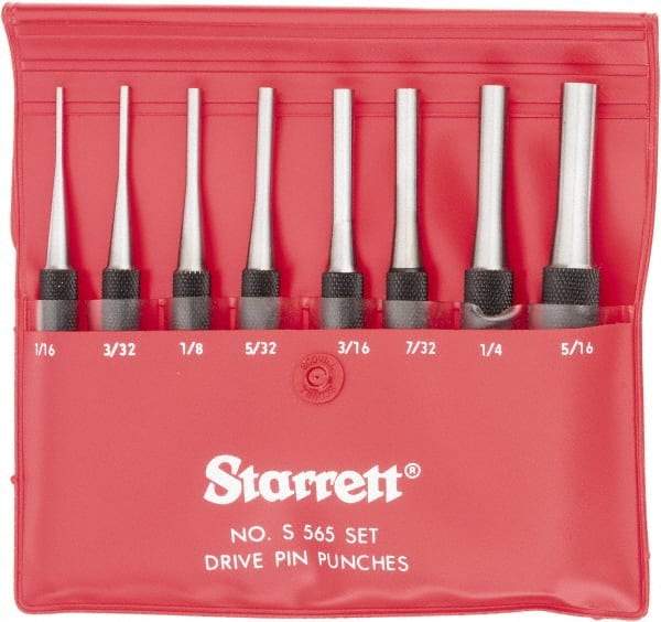 Starrett - 8 Piece, 1/16 to 5/16", Pin Punch Set - Round Shank, Comes in Vinyl Pouch - Caliber Tooling