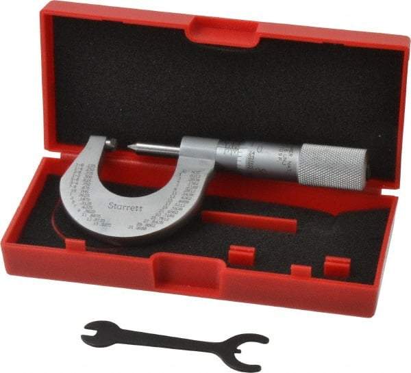 Starrett - 0 to 1" Range, Mechanical Screw Thread Micrometer - Plain Thimble, 0.001" Graduation, 0.004mm Accuracy - Caliber Tooling