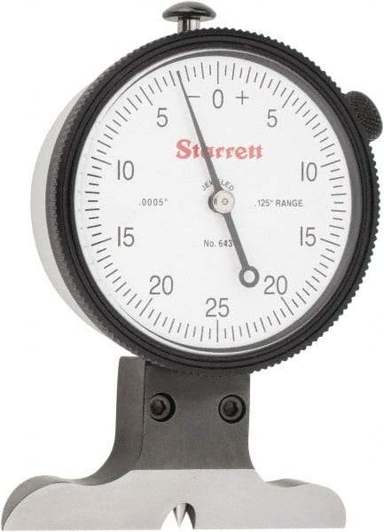 Starrett - 0 to 1/8 Inch Range, Ground Steel, White Dial Depth Gage - 0.0005 Inch Graduation, 0.001 Inch Accuracy, 2-1/2 Inch Base Measuring Length - Caliber Tooling