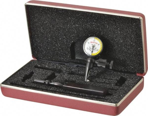 Starrett - 4 Piece, 0" to 0.03" Measuring Range, 15/16" Dial Diam, 0-15-0 Dial Reading, White & Yellow Dial Test Indicator Kit - 5/32" Contact Point Length, 3mm Ball Diam, 0.001" Dial Graduation - Caliber Tooling