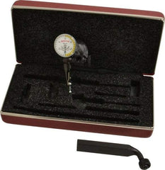 Starrett - 3 Piece, 0" to 0.03" Measuring Range, 15/16" Dial Diam, 0-15-0 Dial Reading, White & Yellow Dial Test Indicator Kit - 5/32" Contact Point Length, 3mm Ball Diam, 0.001" Dial Graduation - Caliber Tooling