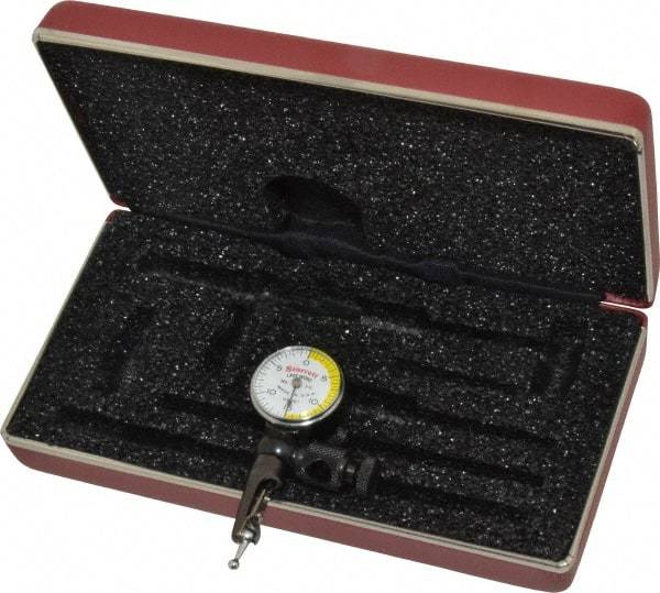 Starrett - 3 Piece, 0" to 0.03" Measuring Range, 15/16" Dial Diam, 0-15-0 Dial Reading, White & Yellow Dial Test Indicator Kit - 5/32" Contact Point Length, 3mm Ball Diam, 0.0005" Dial Graduation - Caliber Tooling