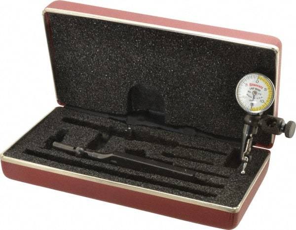 Starrett - 4 Piece, 0" to 0.03" Measuring Range, 15/16" Dial Diam, 0-15-0 Dial Reading, White & Yellow Dial Test Indicator Kit - 5/32" Contact Point Length, 3mm Ball Diam, 0.0005" Dial Graduation - Caliber Tooling