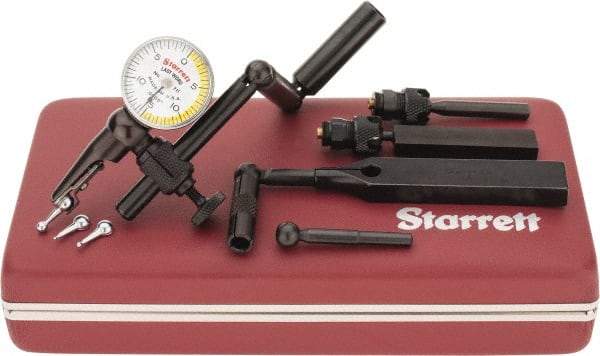 Starrett - 11 Piece, 0" to 0.03" Measuring Range, 15/16" Dial Diam, 0-15-0 Dial Reading, White & Yellow Dial Test Indicator Kit - 5/32" Contact Point Length, 0.9, 1.6 & 3mm Ball Diam, 0.0005" Dial Graduation - Caliber Tooling