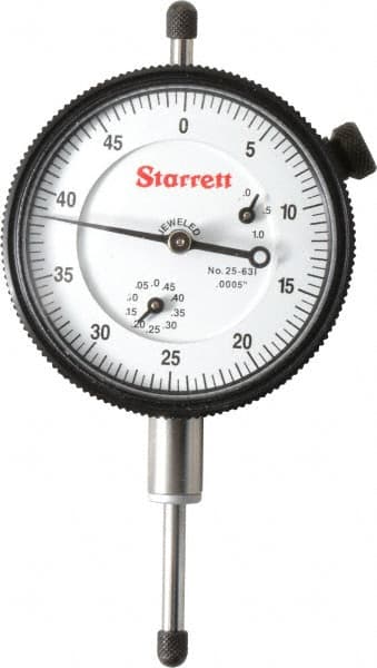 Starrett - 1" Range, 0-50 Dial Reading, 0.0005" Graduation Dial Drop Indicator - 2-1/4" Dial, 0.05" Range per Revolution, Revolution Counter - Caliber Tooling