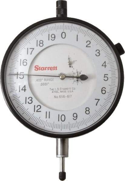 Starrett - 0.4" Range, 0-20 Dial Reading, 0.0001" Graduation Dial Drop Indicator - 3-5/8" Dial, 0.02" Range per Revolution - Caliber Tooling