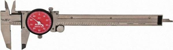 Starrett - 0" to 6" Range, 0.001" Graduation, 0.1" per Revolution, Dial Caliper - Red Face, 1-1/2" Jaw Length, Accurate to 0.0010" - Caliber Tooling