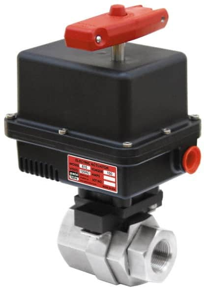 Gemini Valve - 1-1/2" Pipe, 720 psi WOG Rating Brass Electric Actuated Ball Valve - Reinforced PTFE Seal, Standard Port, Threaded (NPT) End Connection - Caliber Tooling