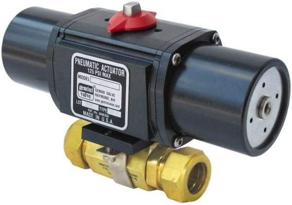 Gemini Valve - 3/4" Pipe, 1,000 psi WOG Rating Brass Pneumatic Spring Return with Solenoid Actuated Ball Valve - Reinforced PTFE Seal, Standard Port, TYLOK (Compression) End Connection - Caliber Tooling